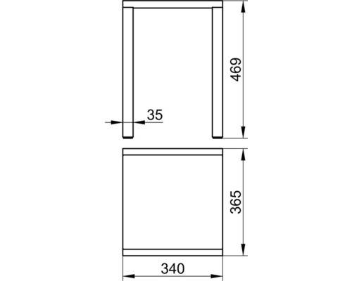 Technische Zeichnung eines Möbelstücks mit Maßangaben.