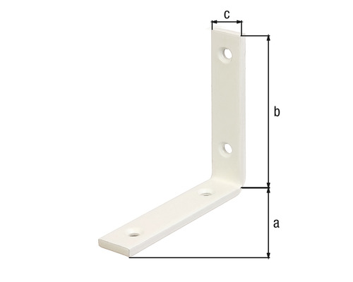 Winkelverbinder aus Metall mit Bohrlöchern und Maßangaben a, b und c