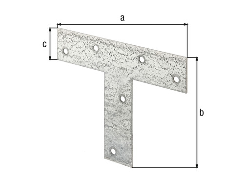 T-Eisenverbinder mit Maßangaben zur Holzkonstruktion