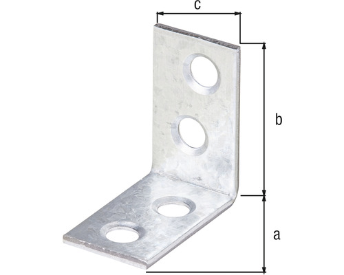 Equerre de fixation avec trous et indications de dimensions a, b et c.