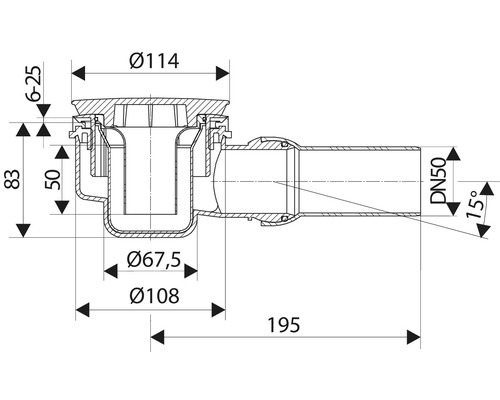 Technische Zeichnung eines Bodenablaufs mit Maßangaben