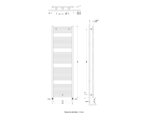Technische Zeichnung eines Heizkörpers mit Maßangaben für die Installation