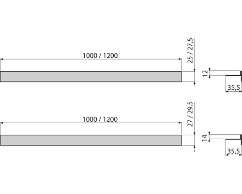 Technische Zeichnung von zwei Holzprofilen mit Maßangaben
