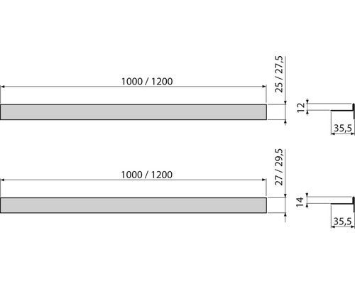 Technische Zeichnung von zwei Holzleisten mit Maßangaben