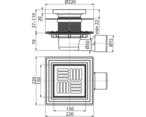 Dessin technique d''une bonde de sol avec dimensions