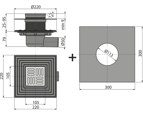Schéma technique d''un siphon de sol avec dimensions.