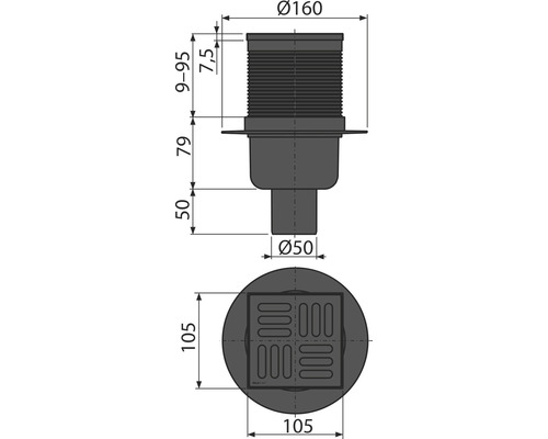 Dessin technique d''une bonde de sol avec dimensions