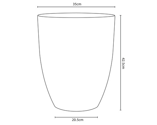 Technische Zeichnung eines Pflanzgefäßes mit den Maßen 35 cm Breite, 42,5 cm Höhe und 20,5 cm Tiefe.