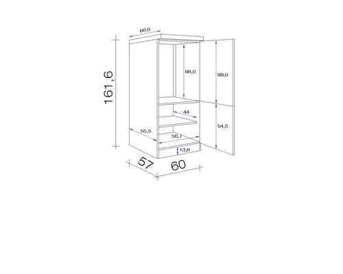 Maßzeichnung eines Hochschranks mit offenen Türen und Innenfächern