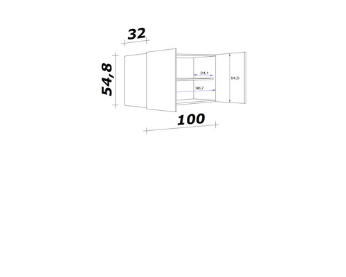Technische Zeichnung eines Wandschranks mit Maßangaben.