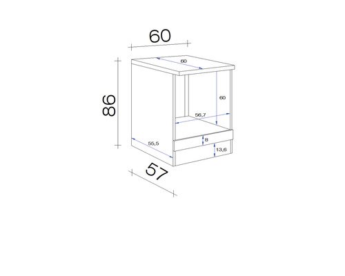 Maßzeichnung eines Unterschranks mit den Maßen 60 x 60 x 86 cm.