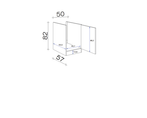 Technische Zeichnung eines Unterschranks mit den Maßen 50 x 82 x 57 cm.