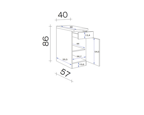 Technische Zeichnung eines Unterschranks mit Schublade und Tür, inklusive Maßangaben
