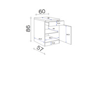 Dessin technique d''un meuble bas avec tiroir et porte, avec indications de dimensions