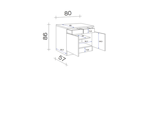 Dessin technique d''un meuble bas avec tiroirs et portes avec dimensions