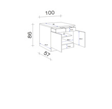 Schéma technique d''un meuble bas avec tiroirs et porte avec dimensions