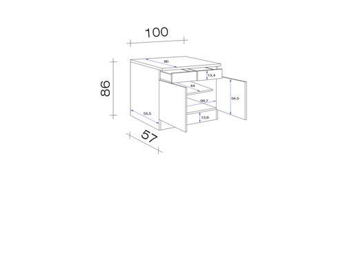 Schéma technique d''un meuble bas avec tiroirs et porte avec dimensions