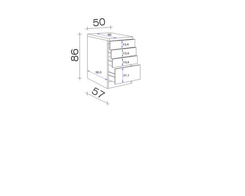Schéma technique d''un meuble bas avec quatre tiroirs et indications de dimensions.
