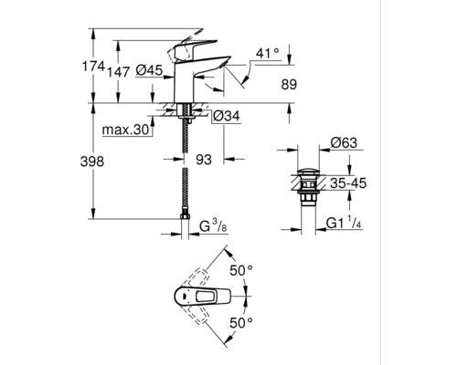 Schéma technique d''un robinet avec indications de mesure