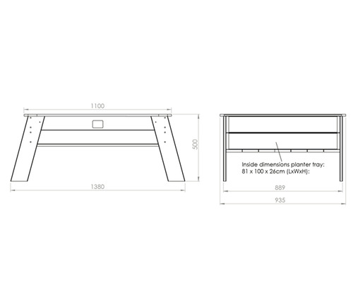Schéma technique d''une table de plantation avec dimensions.