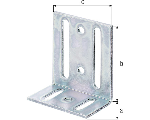 Winkelverbinder mit Langlöchern und Maßangaben a, b, c