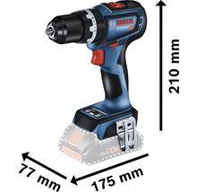 Image d''une perceuse-visseuse sans fil avec indication des dimensions.
