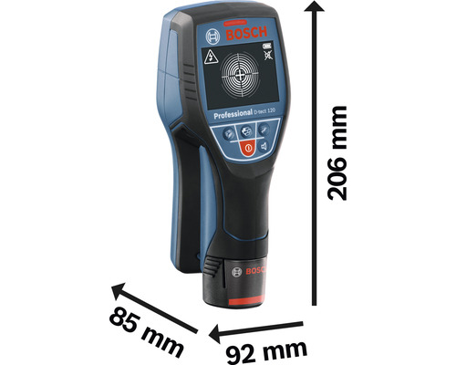 Bosch Professional D-tect 120 Ortungsgerät mit den Maßen 85 mm x 92 mm x 206 mm