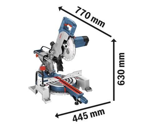 Kapp- und Gehrungssäge mit den Maßen 770 mm, 630 mm und 445 mm.