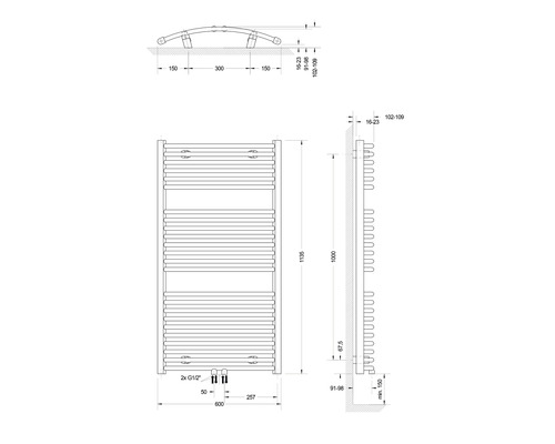 Technische Zeichnung eines Heizkörpers mit Maßangaben