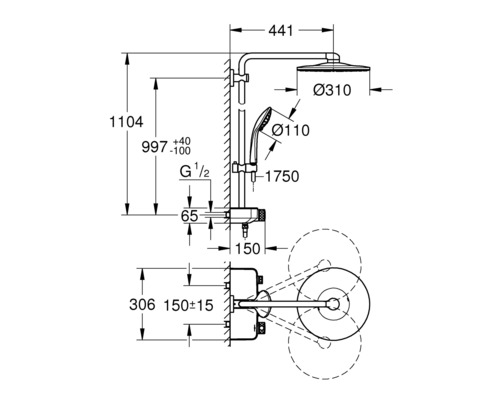 Dessin technique d''un robinet de douche avec indications de dimensions