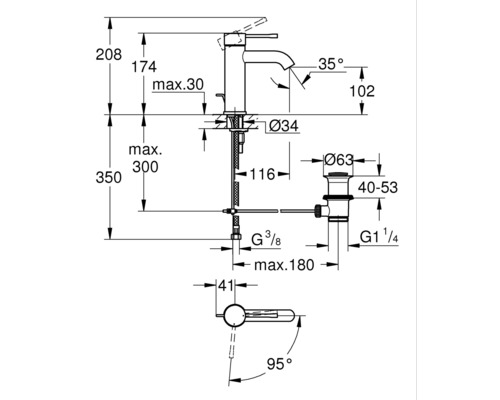 Technische Zeichnung einer Waschtischarmatur mit Maßen.