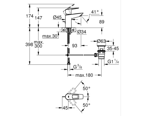 Maßzeichnung einer Armatur mit allen relevanten Maßen