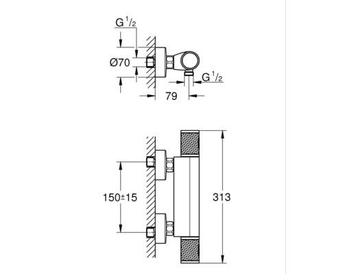 Schéma technique d''un thermostat avec dimensions