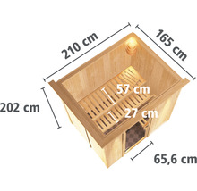 Abmessungen der Sauna: 210 cm breit, 165 cm tief, 202 cm hoch.