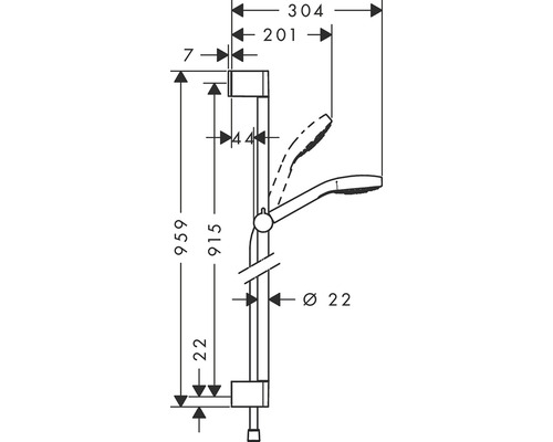 Schéma technique d''une barre de douche avec indications de dimensions
