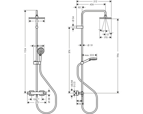 Schéma technique d''un robinet de douche avec douche de tête et douchette et indications de dimensions