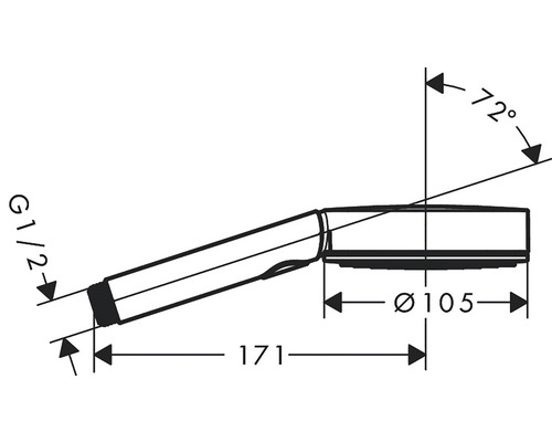 Schéma technique d''une douchette à main avec les dimensions du diamètre, de la longueur et de l''angle d''inclinaison.