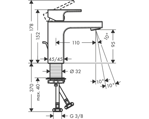 Maßzeichnung einer Armatur mit Höhenangaben