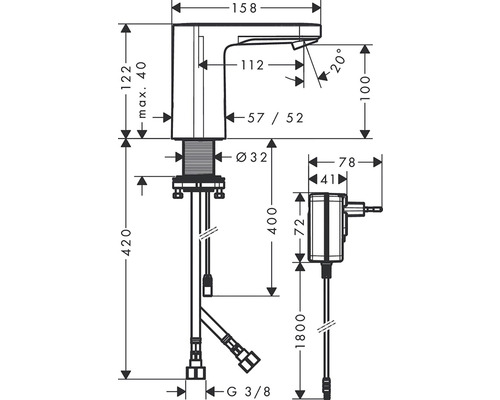Maßzeichnung eines Wasserhahns mit den Maßen Höhe, Breite und Tiefe.