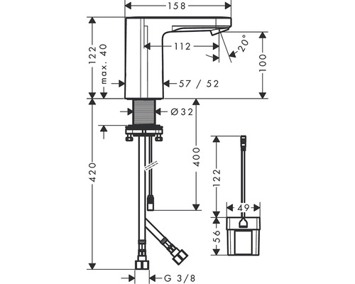 Technische Zeichnung einer Waschtischarmatur mit Maßangaben