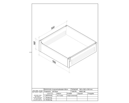 Technische Zeichnung eines Innenschubkastens mit den Maßen 160 x 500 x 550 Millimeter.