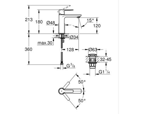 Schéma coté d''un robinet avec différentes vues et dimensions.