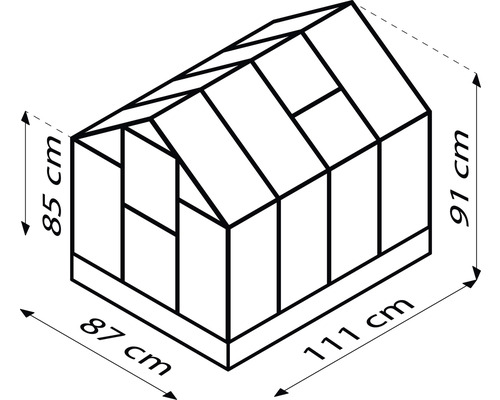 Illustration eines Gewächshauses mit den Maßen 85 cm Höhe vorne, 91 cm Höhe hinten, 87 cm Breite und 111 cm Länge
