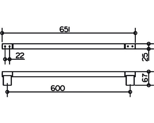 Technische Zeichnung einer Holzleiste mit den Maßen 651 mm und 600 mm