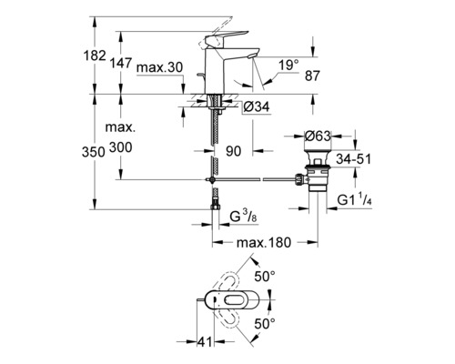 Technische Zeichnung einer Armatur mit Maßangaben