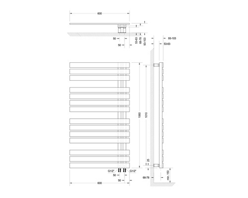 Technische Zeichnung eines Heizkörpers mit Maßangaben