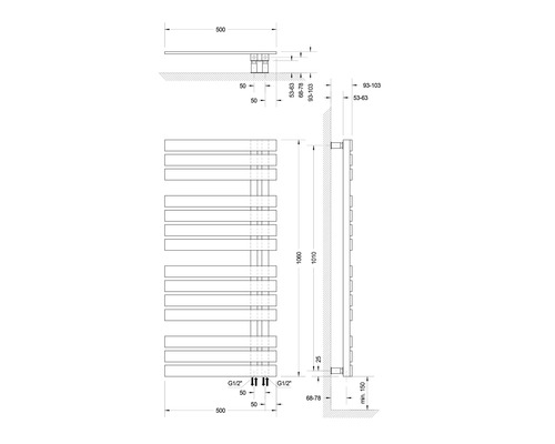 Schéma technique d''un radiateur avec indications de dimensions