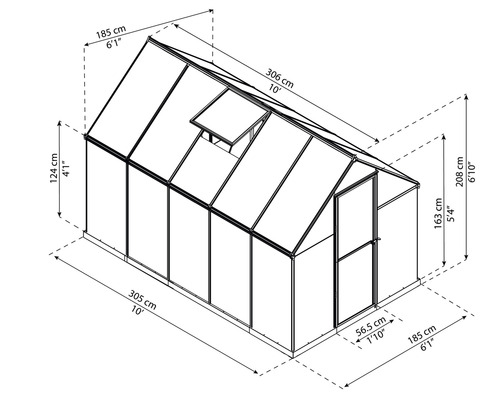 Technische Zeichnung eines Gewächshauses mit Maßangaben.