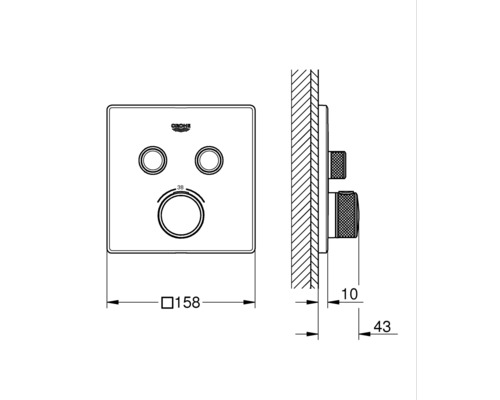 Technische Zeichnung eines Grohe Duschthermostats mit Maßangaben