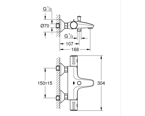 Schéma technique d''un robinet de baignoire apparent avec dimensions